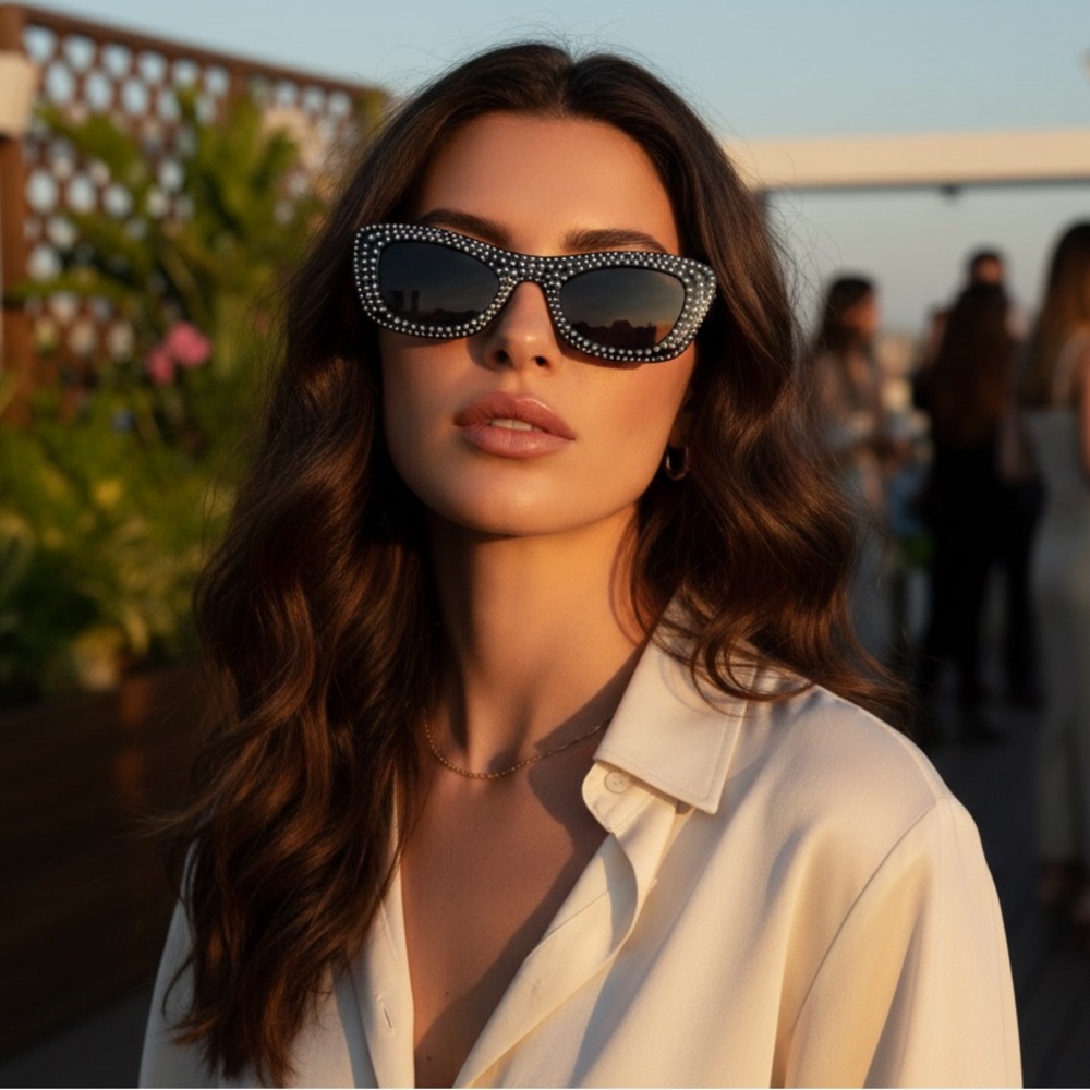 NWT Mango Mng Rhinestone Sunglasses Recycled Materials Black Retro Glam Sexy - Picture 3 of 14